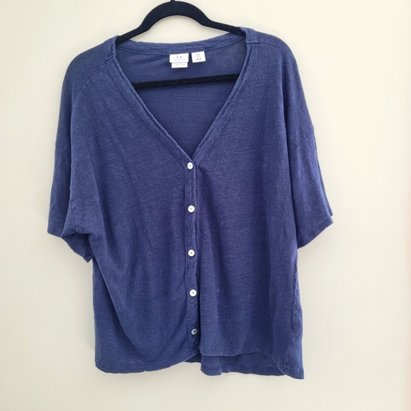 H Halston Navy Linen Short Sleeve Button Front Cardigan - Picture 1 of 13